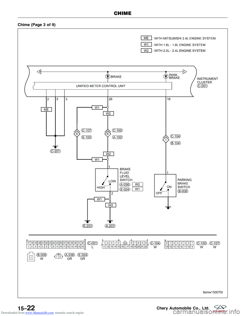 CHERY TIGGO 2009  Service Repair Manual Downloaded from www.Manualslib.com manuals search engine Chime (Page 3 of 9)
CHIME
LTSMW150070T
15–22Chery Automobile Co., Ltd.  