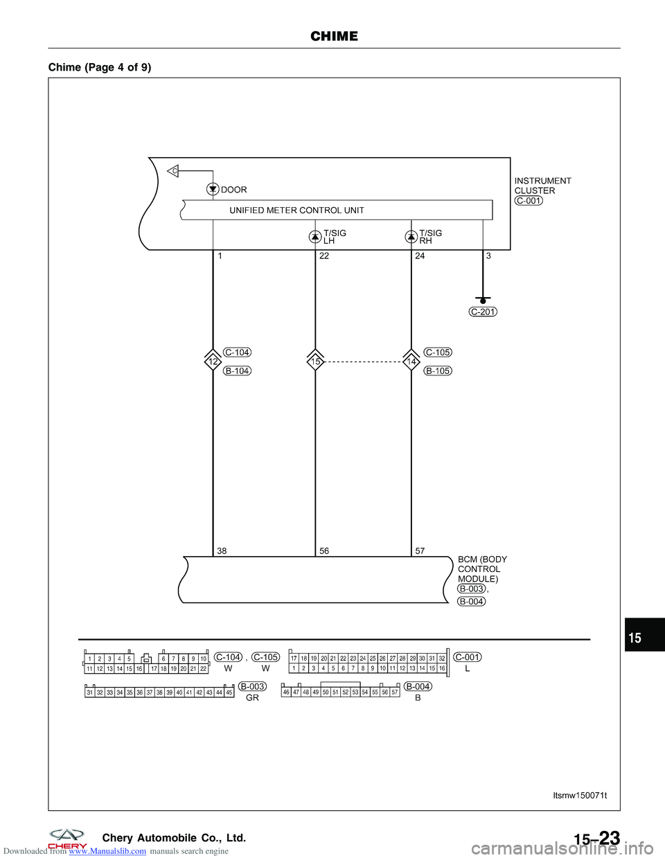 CHERY TIGGO 2009  Service Repair Manual Downloaded from www.Manualslib.com manuals search engine Chime (Page 4 of 9)
CHIME
LTSMW150071T
15
15–23Chery Automobile Co., Ltd.  