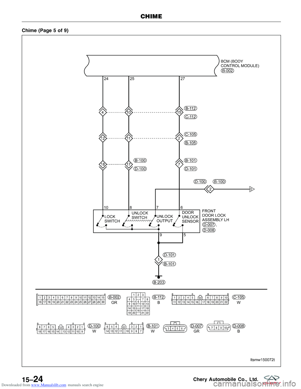 CHERY TIGGO 2009  Service Repair Manual Downloaded from www.Manualslib.com manuals search engine Chime (Page 5 of 9)
CHIME
LTSMW150072T
15–24Chery Automobile Co., Ltd.  