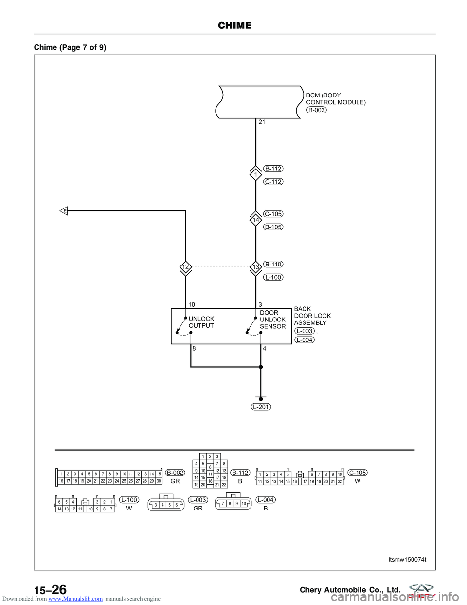 CHERY TIGGO 2009  Service Repair Manual Downloaded from www.Manualslib.com manuals search engine Chime (Page 7 of 9)
CHIME
LTSMW150074T
15–26Chery Automobile Co., Ltd.  