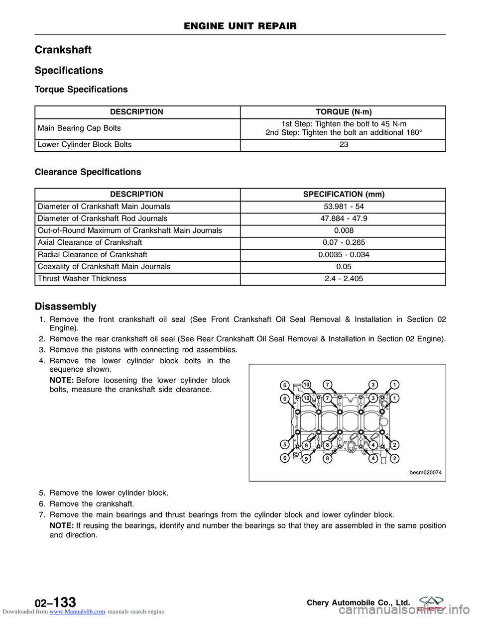 CHERY TIGGO 2009  Service Repair Manual Downloaded from www.Manualslib.com manuals search engine Crankshaft
Specifications
Torque Specifications
DESCRIPTIONTORQUE (N·m)
Main Bearing Cap Bolts 1st Step: Tighten the bolt to 45 N·m
2nd Step: