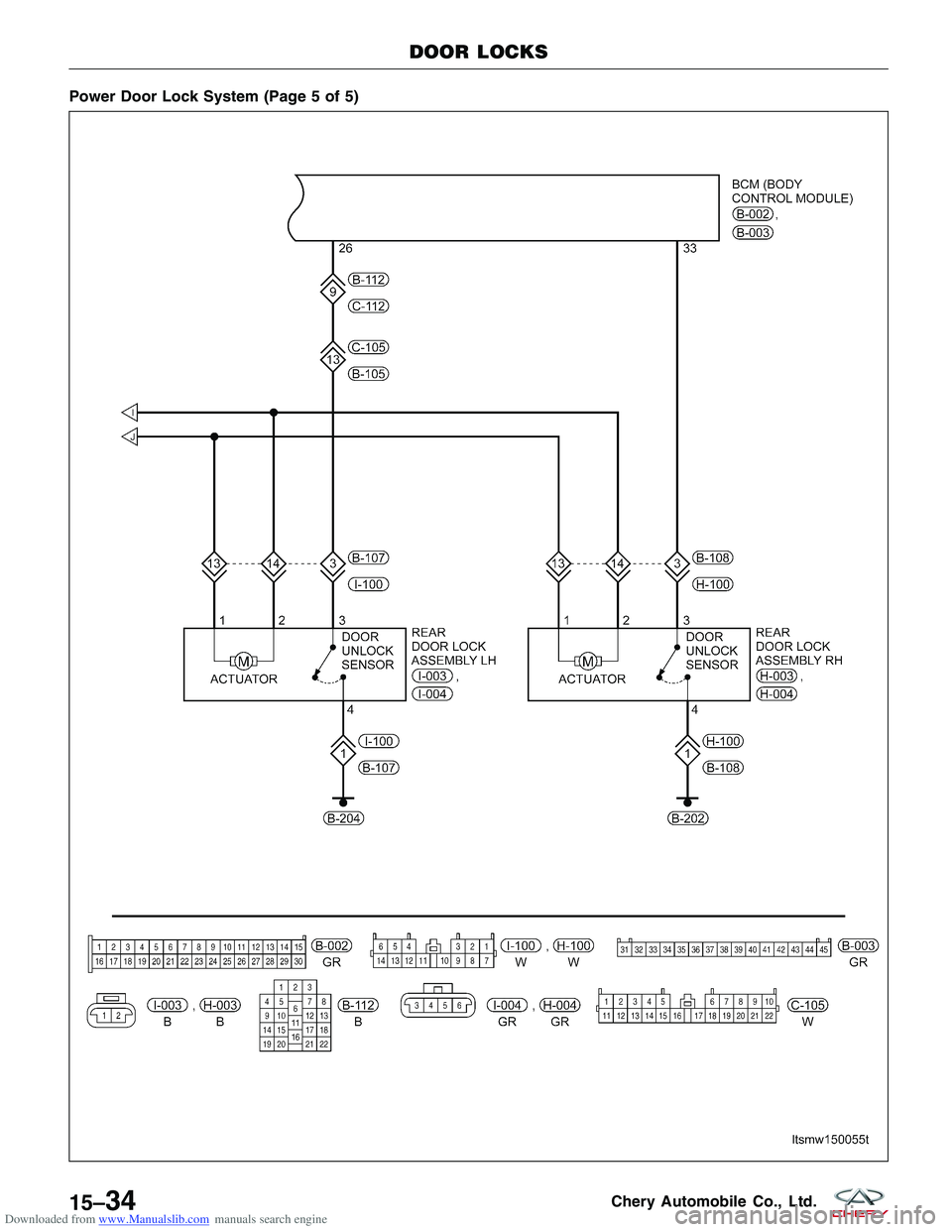CHERY TIGGO 2009  Service Repair Manual Downloaded from www.Manualslib.com manuals search engine Power Door Lock System (Page 5 of 5)
DOOR LOCKS
LTSMW150055T
15–34Chery Automobile Co., Ltd.  