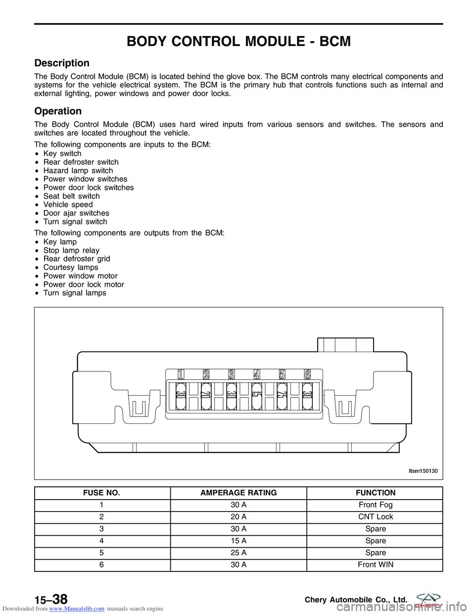 CHERY TIGGO 2009  Service Repair Manual Downloaded from www.Manualslib.com manuals search engine BODY CONTROL MODULE - BCM
Description
The Body Control Module (BCM) is located behind the glove box. The BCM controls many electrical component