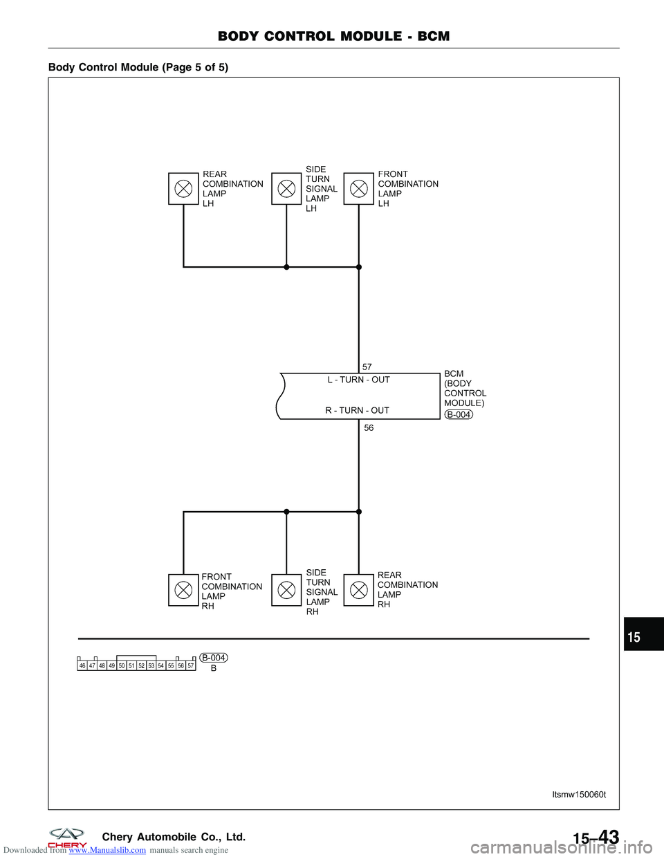 CHERY TIGGO 2009  Service Repair Manual Downloaded from www.Manualslib.com manuals search engine Body Control Module (Page 5 of 5)
BODY CONTROL MODULE - BCM
LTSMW150060T
15
15–43Chery Automobile Co., Ltd.  