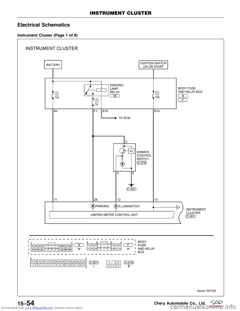CHERY TIGGO 2009  Service Repair Manual Downloaded from www.Manualslib.com manuals search engine Electrical Schematics
Instrument Cluster (Page 1 of 8)
INSTRUMENT CLUSTER
LTSMW150100T
15–54Chery Automobile Co., Ltd.  
