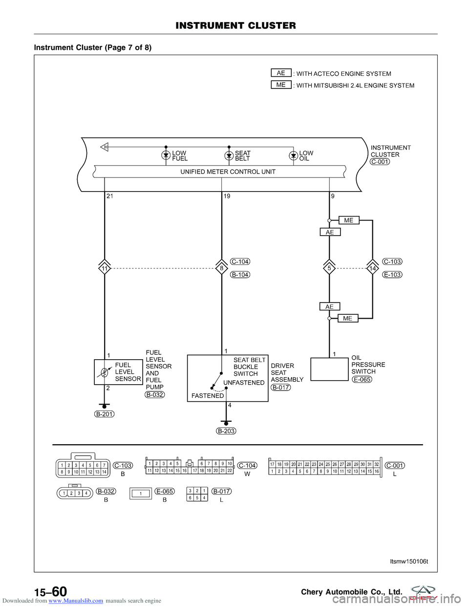 CHERY TIGGO 2009  Service Repair Manual Downloaded from www.Manualslib.com manuals search engine Instrument Cluster (Page 7 of 8)
INSTRUMENT CLUSTER
LTSMW150106T
15–60Chery Automobile Co., Ltd.  