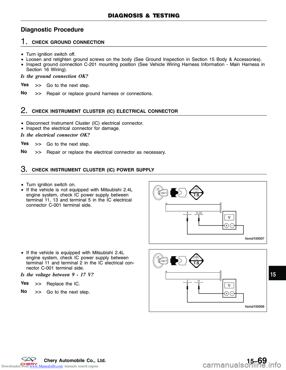 CHERY TIGGO 2009  Service Repair Manual Downloaded from www.Manualslib.com manuals search engine Diagnostic Procedure
1.CHECK GROUND CONNECTION
• Turn ignition switch off.
• Loosen and retighten ground screws on the body (See Ground Ins