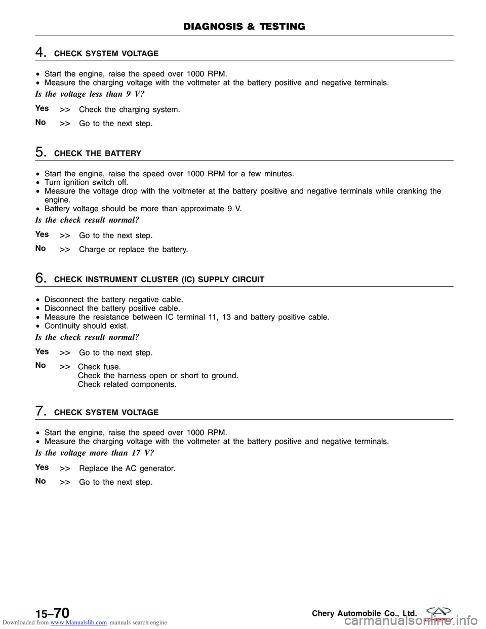 CHERY TIGGO 2009  Service Repair Manual Downloaded from www.Manualslib.com manuals search engine 4.CHECK SYSTEM VOLTAGE
• Start the engine, raise the speed over 1000 RPM.
• Measure the charging voltage with the voltmeter at the battery 
