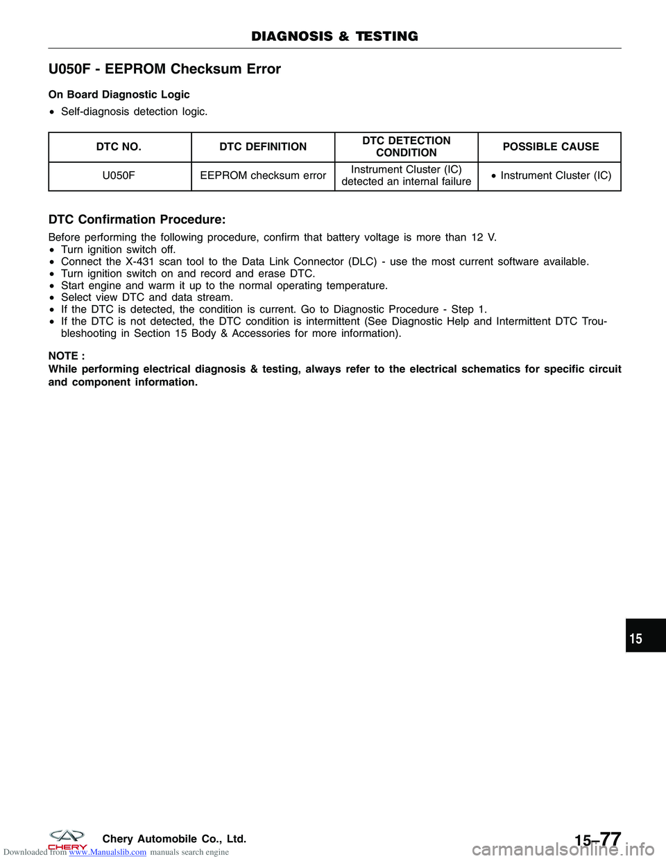 CHERY TIGGO 2009 Service Repair Manual Downloaded from www.Manualslib.com manuals search engine U050F - EEPROM Checksum Error
On Board Diagnostic Logic
•Self-diagnosis detection logic.
DTC NO. DTC DEFINITION DTC DETECTION
CONDITION POSSI CHERY TIGGO 2009 Service Repair Manual Downloaded from www.Manualslib.com manuals search engine U050F - EEPROM Checksum Error
On Board Diagnostic Logic
•Self-diagnosis detection logic.
DTC NO. DTC DEFINITION DTC DETECTION
CONDITION POSSI