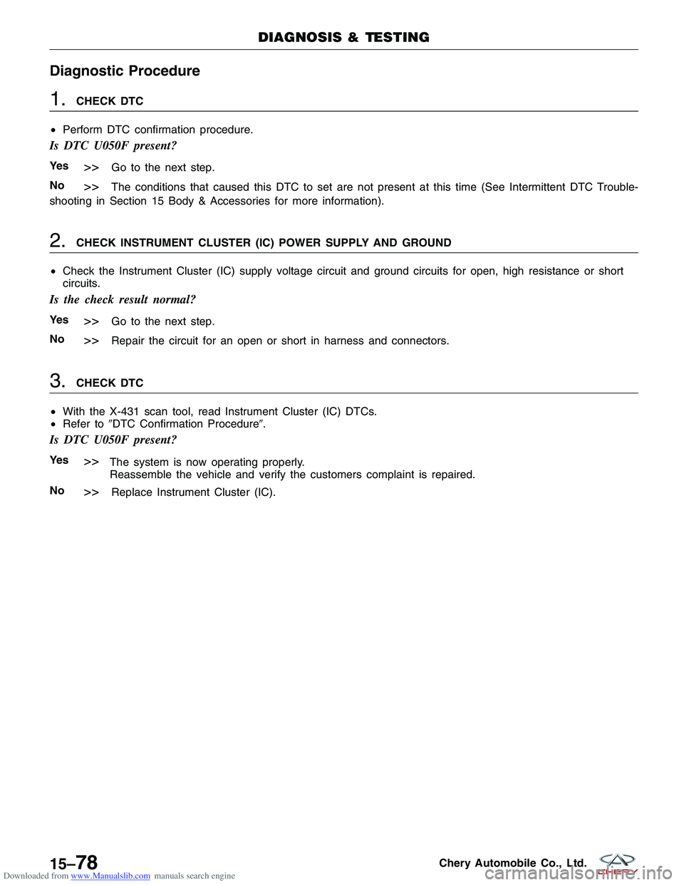 CHERY TIGGO 2009 Service Repair Manual Downloaded from www.Manualslib.com manuals search engine Diagnostic Procedure
1.CHECK DTC
• Perform DTC confirmation procedure.
Is DTC U050F present?
Ye s>>Go to the next step.
No
>>The conditions t CHERY TIGGO 2009 Service Repair Manual Downloaded from www.Manualslib.com manuals search engine Diagnostic Procedure
1.CHECK DTC
• Perform DTC confirmation procedure.
Is DTC U050F present?
Ye s>>Go to the next step.
No
>>The conditions t