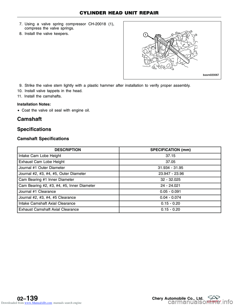 CHERY TIGGO 2009  Service Repair Manual Downloaded from www.Manualslib.com manuals search engine 7. Using a valve spring compressor CH-20018 (1),compress the valve springs.
8. Install the valve keepers.
9. Strike the valve stem lightly with