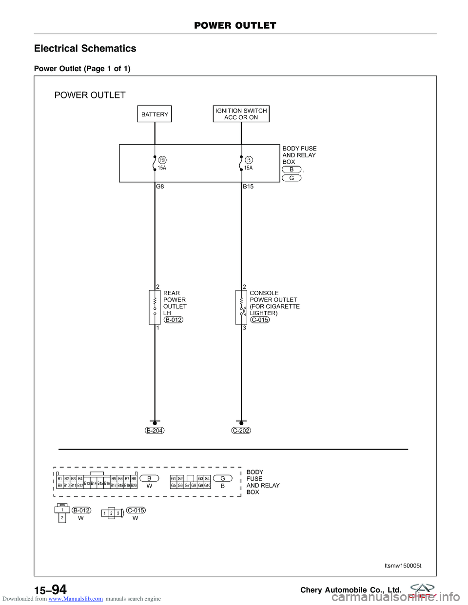 CHERY TIGGO 2009  Service Repair Manual Downloaded from www.Manualslib.com manuals search engine Electrical Schematics
Power Outlet (Page 1 of 1)
POWER OUTLET
LTSMW150005T
15–94Chery Automobile Co., Ltd.  