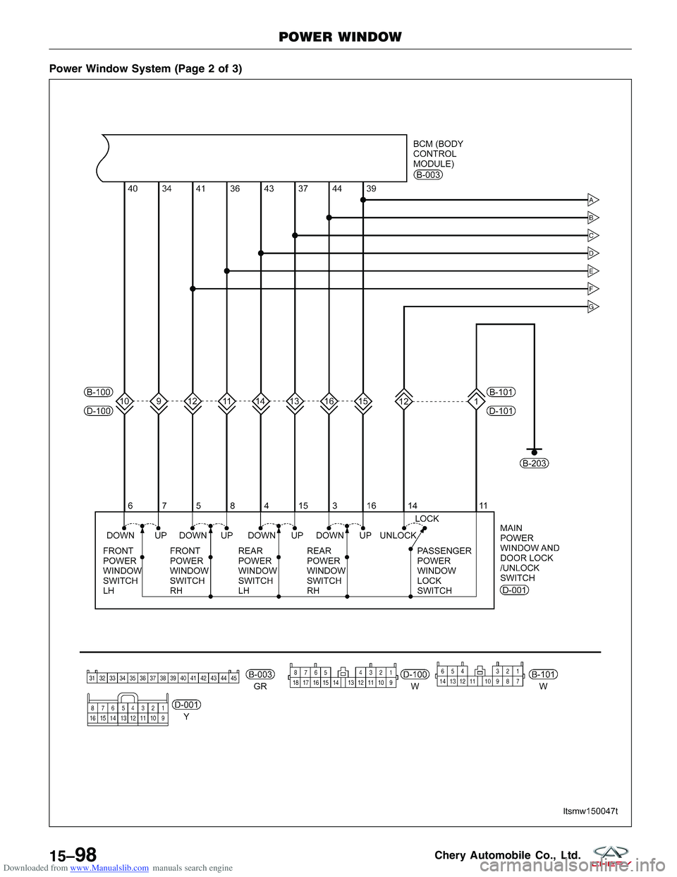 CHERY TIGGO 2009  Service Repair Manual Downloaded from www.Manualslib.com manuals search engine Power Window System (Page 2 of 3)
POWER WINDOW
LTSMW150047T
15–98Chery Automobile Co., Ltd.  