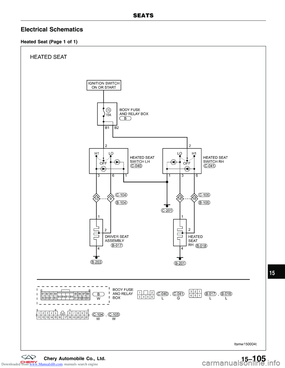CHERY TIGGO 2009  Service Repair Manual Downloaded from www.Manualslib.com manuals search engine Electrical Schematics
Heated Seat (Page 1 of 1)
SEATS
LTSMW150004T
15
15–105Chery Automobile Co., Ltd.  