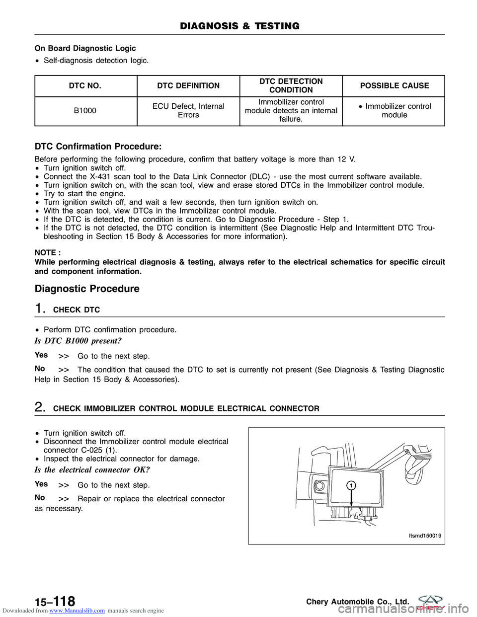 CHERY TIGGO 2009  Service Repair Manual Downloaded from www.Manualslib.com manuals search engine On Board Diagnostic Logic
•Self-diagnosis detection logic.
DTC NO. DTC DEFINITION DTC DETECTION
CONDITION POSSIBLE CAUSE
B1000 ECU Defect, In