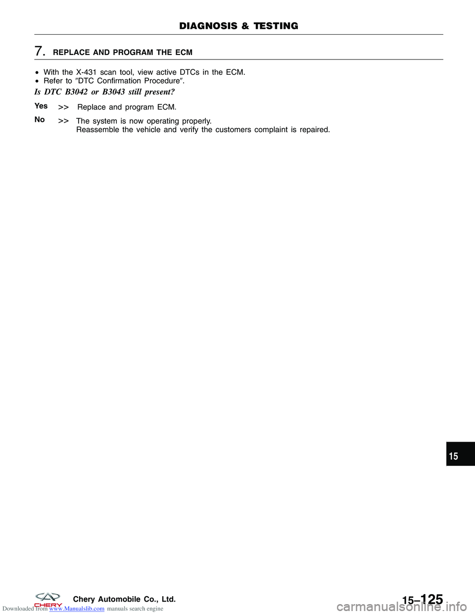 CHERY TIGGO 2009  Service Repair Manual Downloaded from www.Manualslib.com manuals search engine 7.REPLACE AND PROGRAM THE ECM
• With the X-431 scan tool, view active DTCs in the ECM.
• Refer to DTC Confirmation Procedure.
Is DTC B304