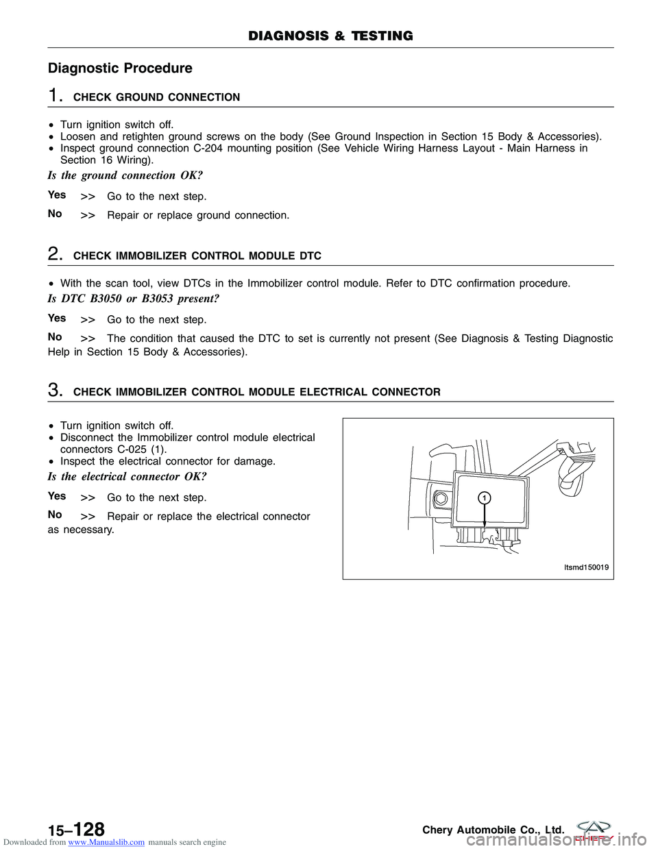 CHERY TIGGO 2009 Service Repair Manual Downloaded from www.Manualslib.com manuals search engine Diagnostic Procedure
1.CHECK GROUND CONNECTION
• Turn ignition switch off.
• Loosen and retighten ground screws on the body (See Ground Ins CHERY TIGGO 2009 Service Repair Manual Downloaded from www.Manualslib.com manuals search engine Diagnostic Procedure
1.CHECK GROUND CONNECTION
• Turn ignition switch off.
• Loosen and retighten ground screws on the body (See Ground Ins