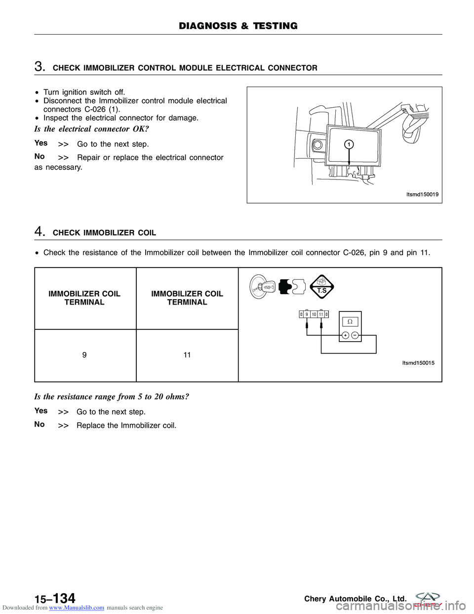 CHERY TIGGO 2009  Service Repair Manual Downloaded from www.Manualslib.com manuals search engine 3.CHECK IMMOBILIZER CONTROL MODULE ELECTRICAL CONNECTOR
• Turn ignition switch off.
• Disconnect the Immobilizer control module electrical

