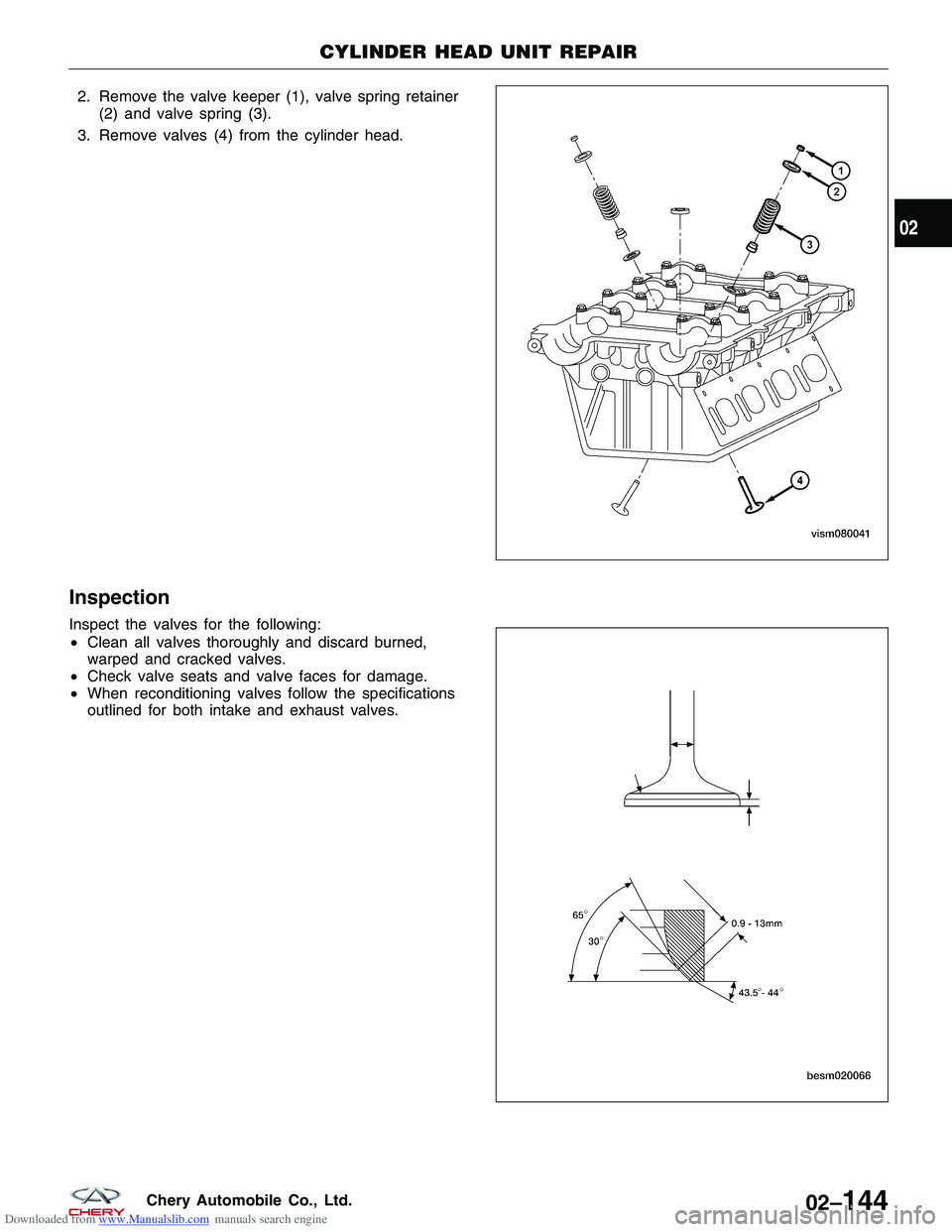 CHERY TIGGO 2009  Service Repair Manual Downloaded from www.Manualslib.com manuals search engine 2. Remove the valve keeper (1), valve spring retainer(2) and valve spring (3).
3. Remove valves (4) from the cylinder head.
Inspection
Inspect 