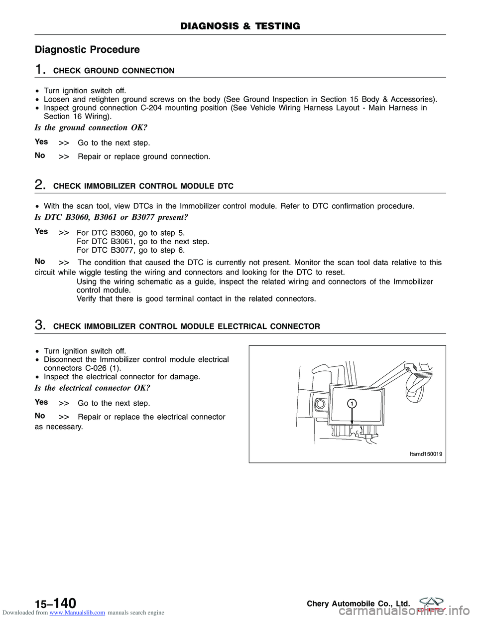 CHERY TIGGO 2009 Service Repair Manual Downloaded from www.Manualslib.com manuals search engine Diagnostic Procedure
1.CHECK GROUND CONNECTION
• Turn ignition switch off.
• Loosen and retighten ground screws on the body (See Ground Ins CHERY TIGGO 2009 Service Repair Manual Downloaded from www.Manualslib.com manuals search engine Diagnostic Procedure
1.CHECK GROUND CONNECTION
• Turn ignition switch off.
• Loosen and retighten ground screws on the body (See Ground Ins