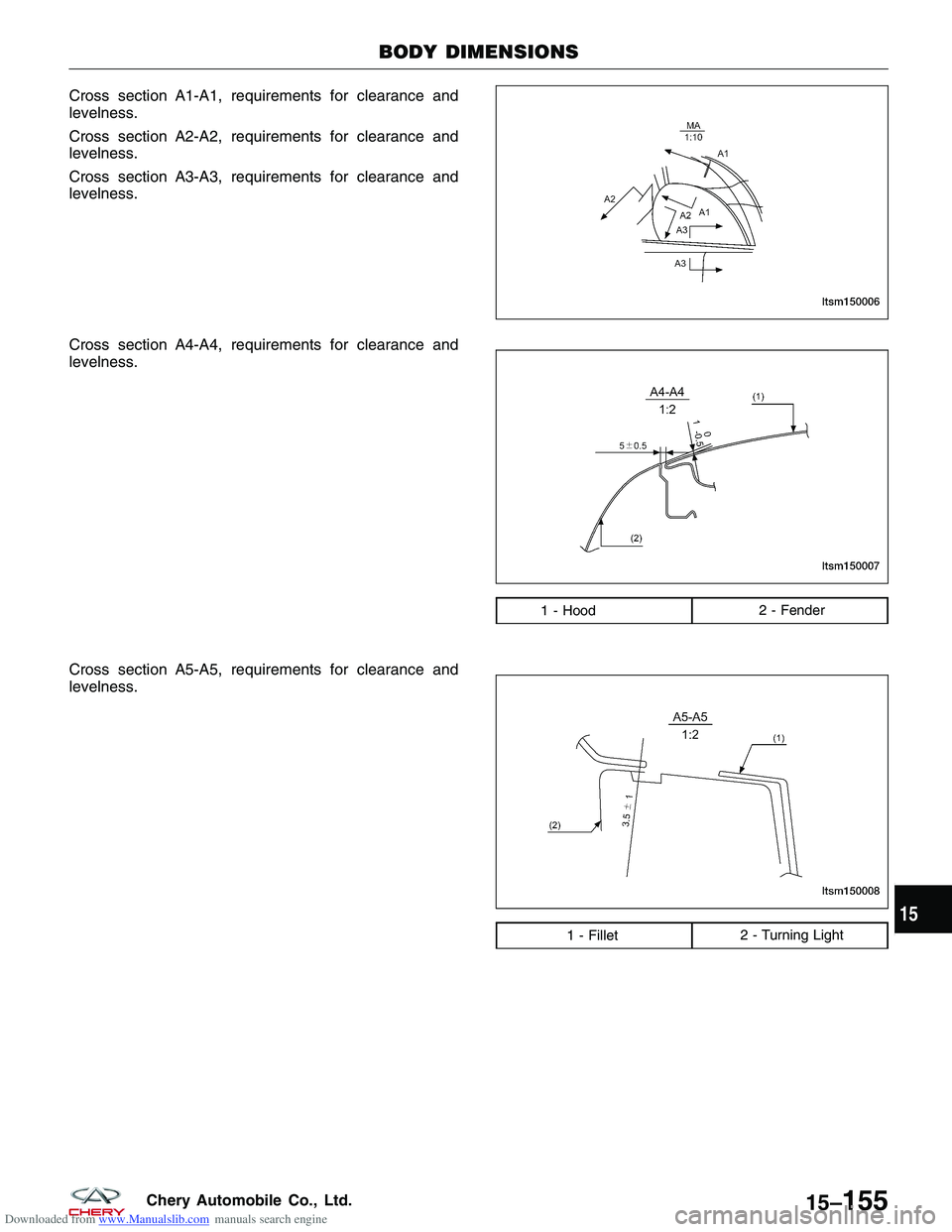 CHERY TIGGO 2009  Service Repair Manual Downloaded from www.Manualslib.com manuals search engine Cross section A1-A1, requirements for clearance and
levelness.
Cross section A2-A2, requirements for clearance and
levelness.
Cross section A3-