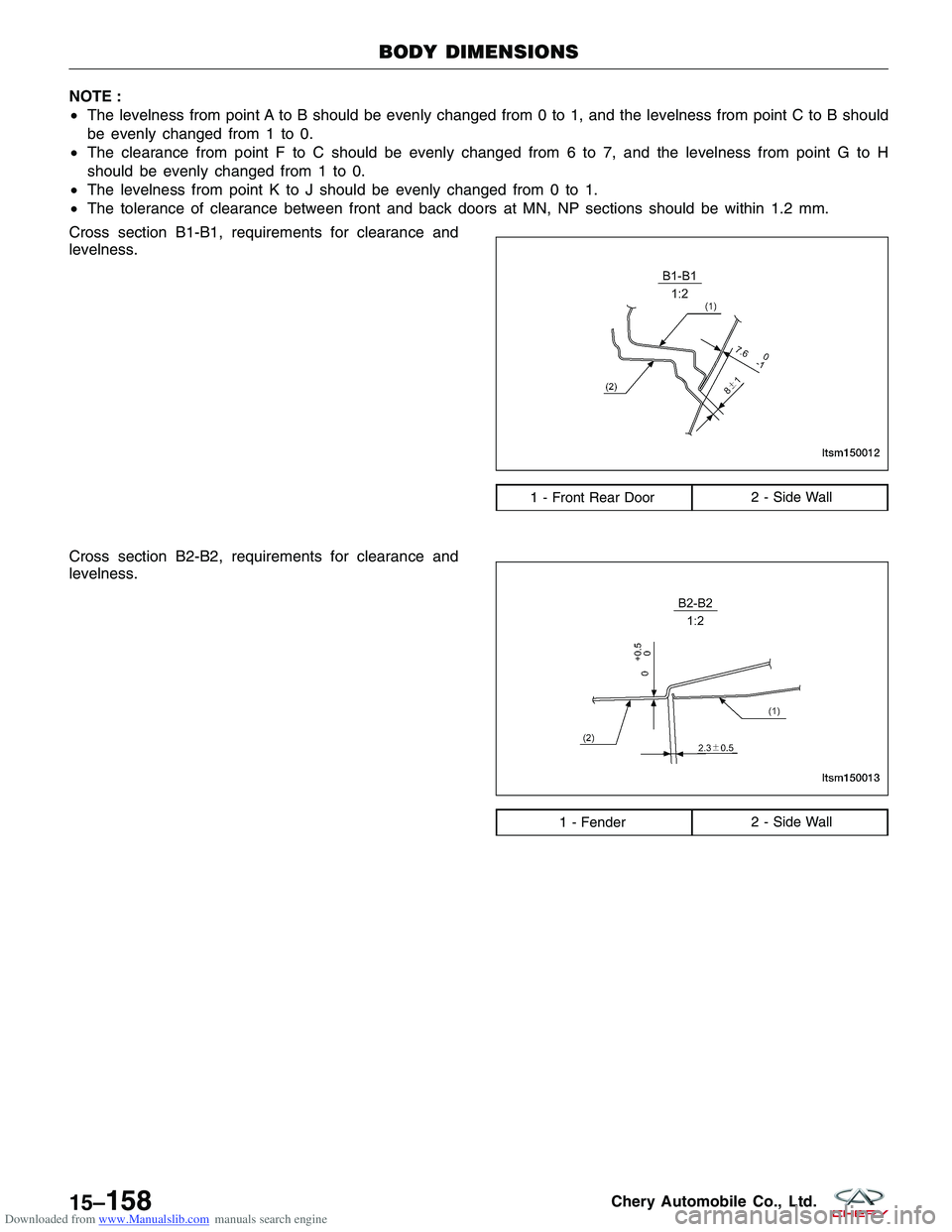 CHERY TIGGO 2009  Service Repair Manual Downloaded from www.Manualslib.com manuals search engine NOTE :
•The levelness from point A to B should be evenly changed from 0 to 1, and the levelness from point C to B should
be evenly changed fr