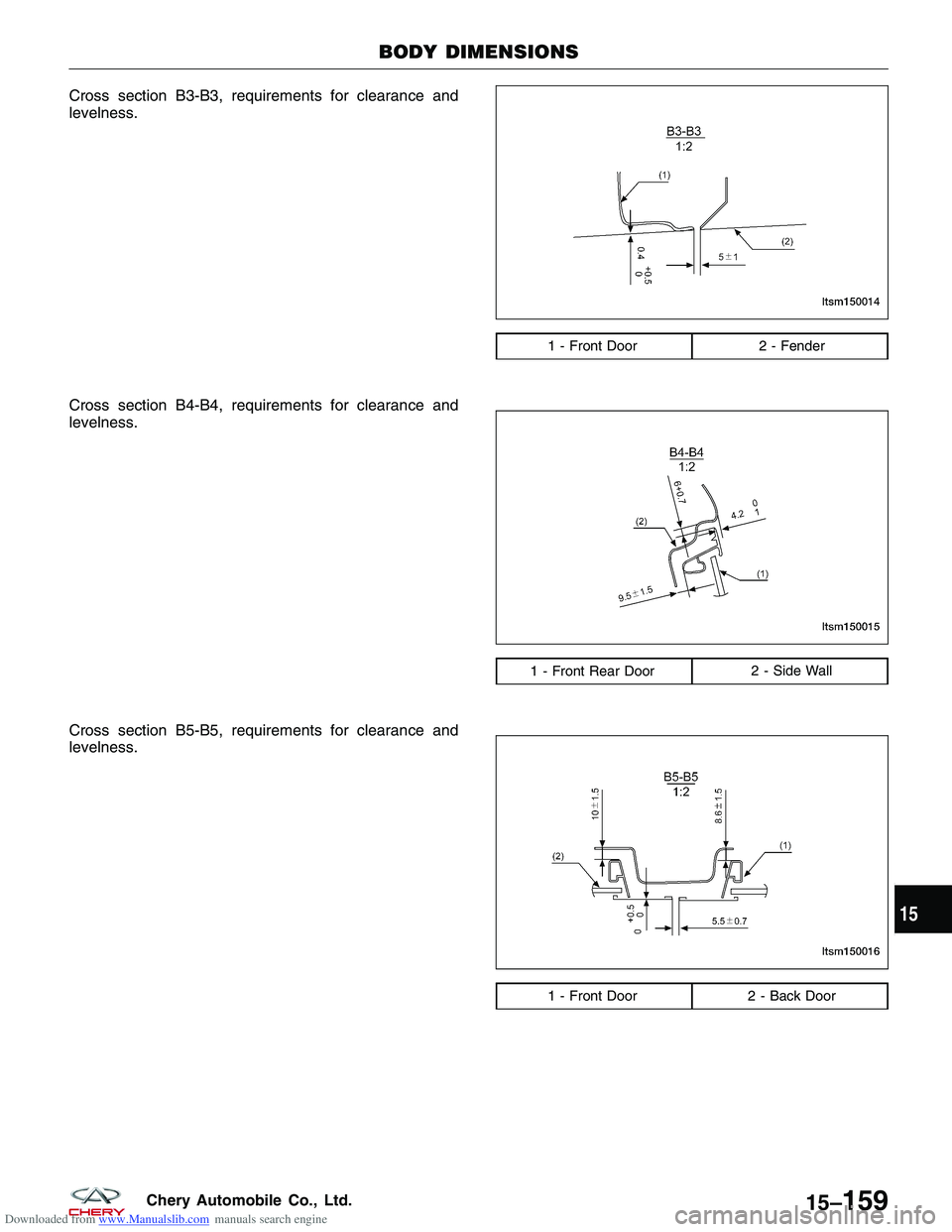CHERY TIGGO 2009  Service Repair Manual Downloaded from www.Manualslib.com manuals search engine Cross section B3-B3, requirements for clearance and
levelness.
Cross section B4-B4, requirements for clearance and
levelness.
Cross section B5-