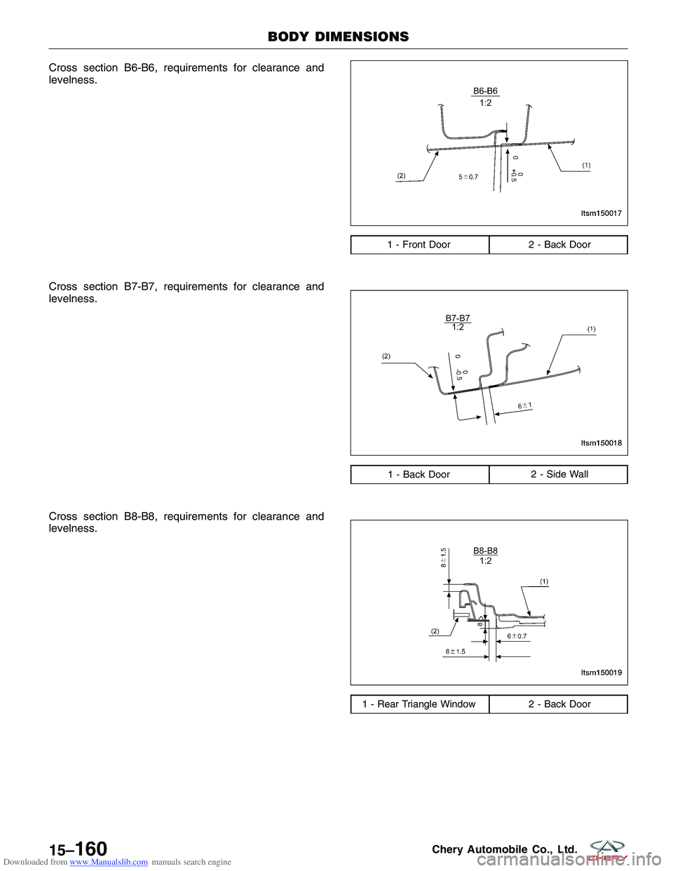 CHERY TIGGO 2009  Service Repair Manual Downloaded from www.Manualslib.com manuals search engine Cross section B6-B6, requirements for clearance and
levelness.
Cross section B7-B7, requirements for clearance and
levelness.
Cross section B8-