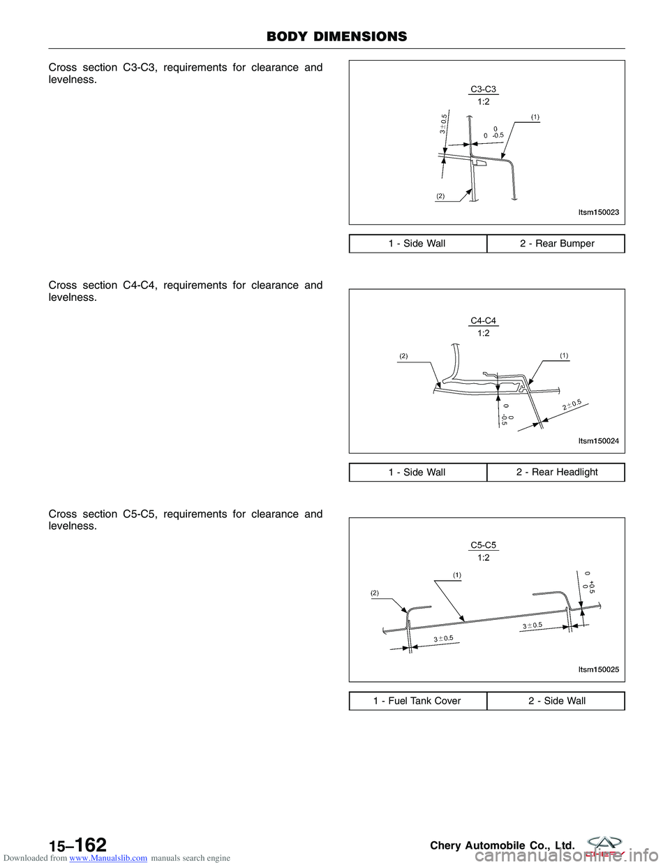 CHERY TIGGO 2009  Service Repair Manual Downloaded from www.Manualslib.com manuals search engine Cross section C3-C3, requirements for clearance and
levelness.
Cross section C4-C4, requirements for clearance and
levelness.
Cross section C5-
