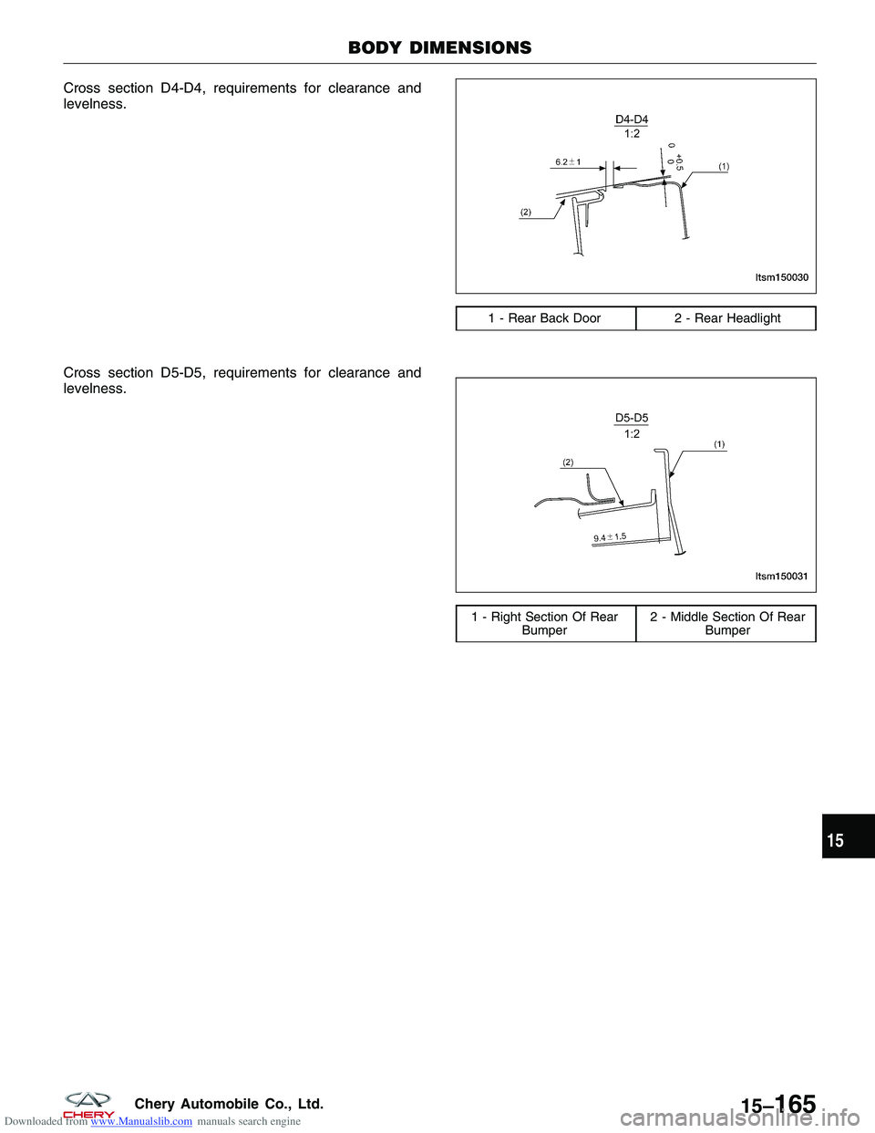 CHERY TIGGO 2009  Service Repair Manual Downloaded from www.Manualslib.com manuals search engine Cross section D4-D4, requirements for clearance and
levelness.
Cross section D5-D5, requirements for clearance and
levelness.
1 - Rear Back Doo