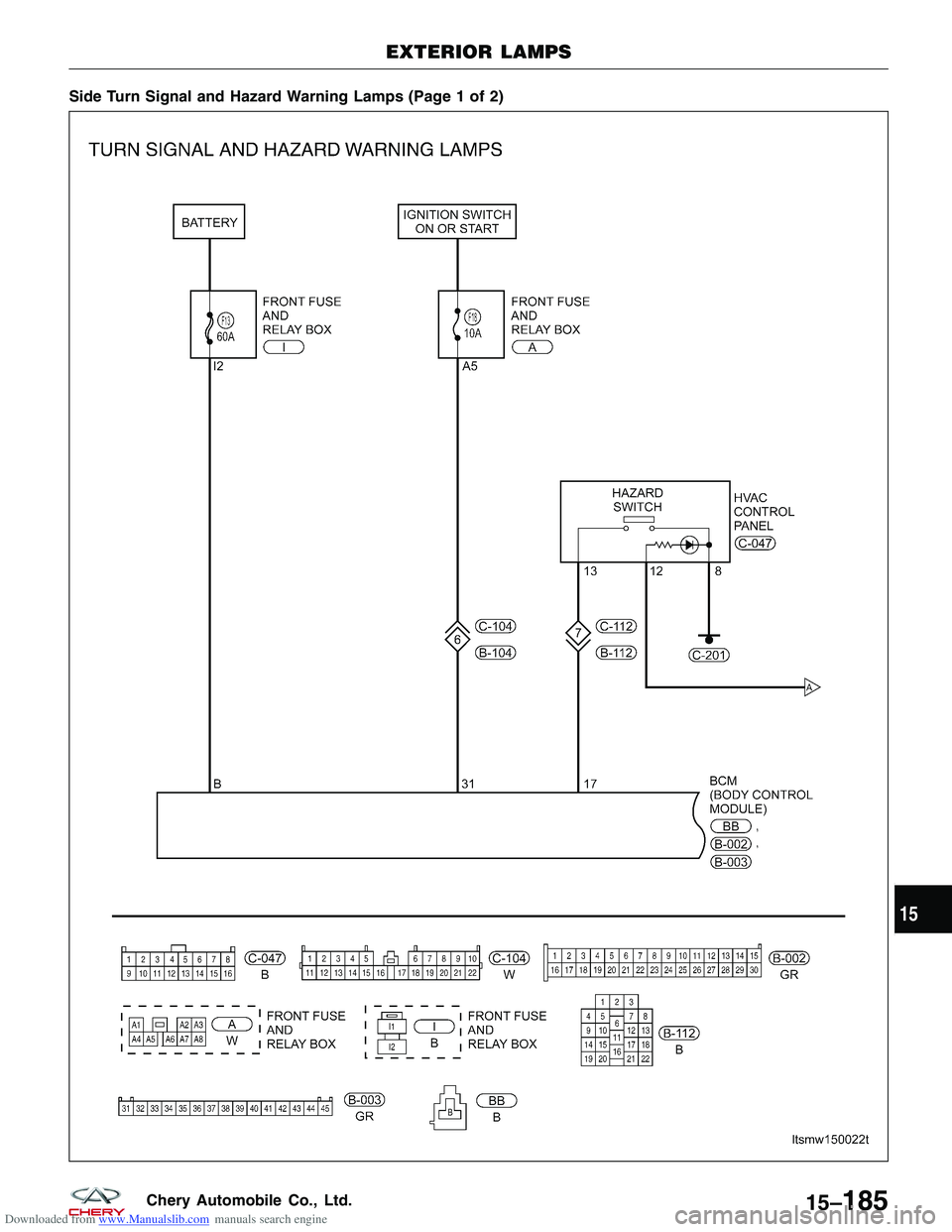 CHERY TIGGO 2009  Service Repair Manual Downloaded from www.Manualslib.com manuals search engine Side Turn Signal and Hazard Warning Lamps (Page 1 of 2)
EXTERIOR LAMPS
LTSMW150022T
15
15–185Chery Automobile Co., Ltd.  