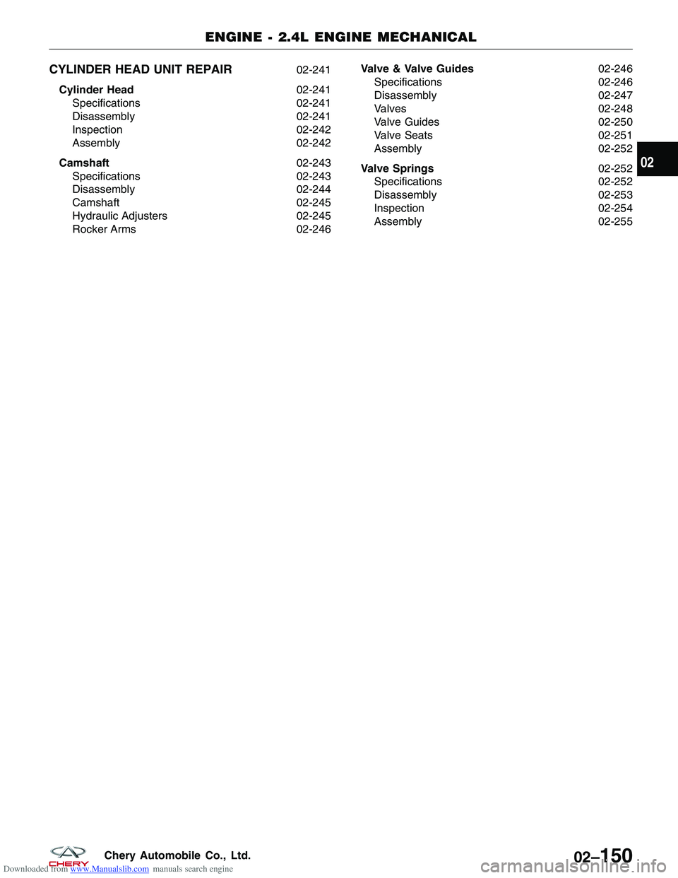 CHERY TIGGO 2009 Service Repair Manual Downloaded from www.Manualslib.com manuals search engine CYLINDER HEAD UNIT REPAIR02-241
Cylinder Head 02-241
Specifications 02-241
Disassembly 02-241
Inspection 02-242
Assembly 02-242
Camshaft 02-243 CHERY TIGGO 2009 Service Repair Manual Downloaded from www.Manualslib.com manuals search engine CYLINDER HEAD UNIT REPAIR02-241
Cylinder Head 02-241
Specifications 02-241
Disassembly 02-241
Inspection 02-242
Assembly 02-242
Camshaft 02-243