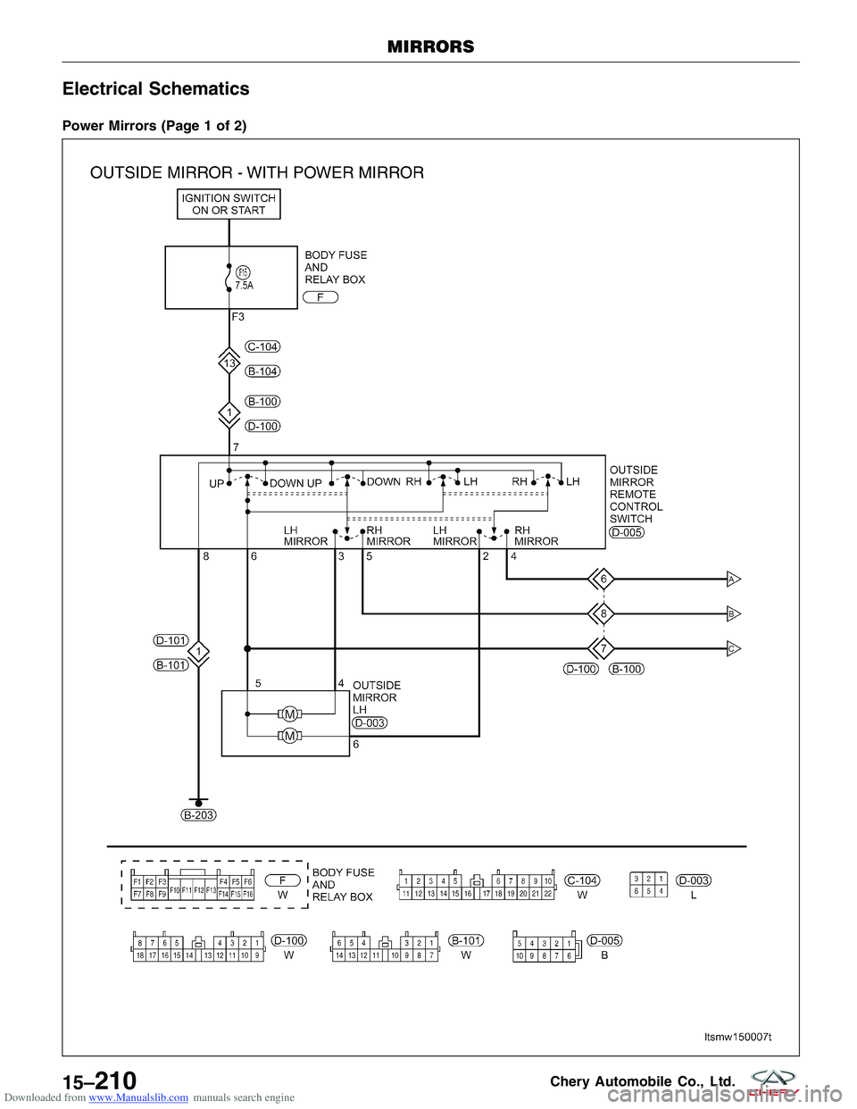 CHERY TIGGO 2009  Service Repair Manual Downloaded from www.Manualslib.com manuals search engine Electrical Schematics
Power Mirrors (Page 1 of 2)
MIRRORS
LTSMW150007T
15–210Chery Automobile Co., Ltd.  