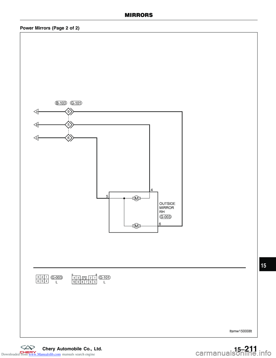 CHERY TIGGO 2009  Service Repair Manual Downloaded from www.Manualslib.com manuals search engine Power Mirrors (Page 2 of 2)
MIRRORS
LTSMW150008T
15
15–211Chery Automobile Co., Ltd.  