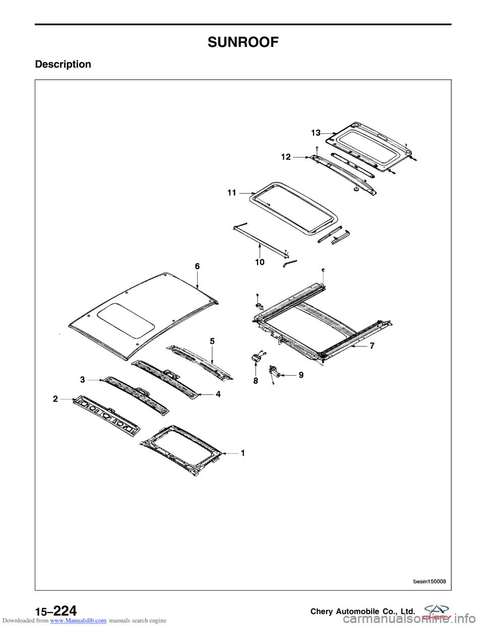CHERY TIGGO 2009 Service Repair Manual Downloaded from www.Manualslib.com manuals search engine SUNROOF
Description
BESM150008
15–224Chery Automobile Co., Ltd. CHERY TIGGO 2009 Service Repair Manual Downloaded from www.Manualslib.com manuals search engine SUNROOF
Description
BESM150008
15–224Chery Automobile Co., Ltd.