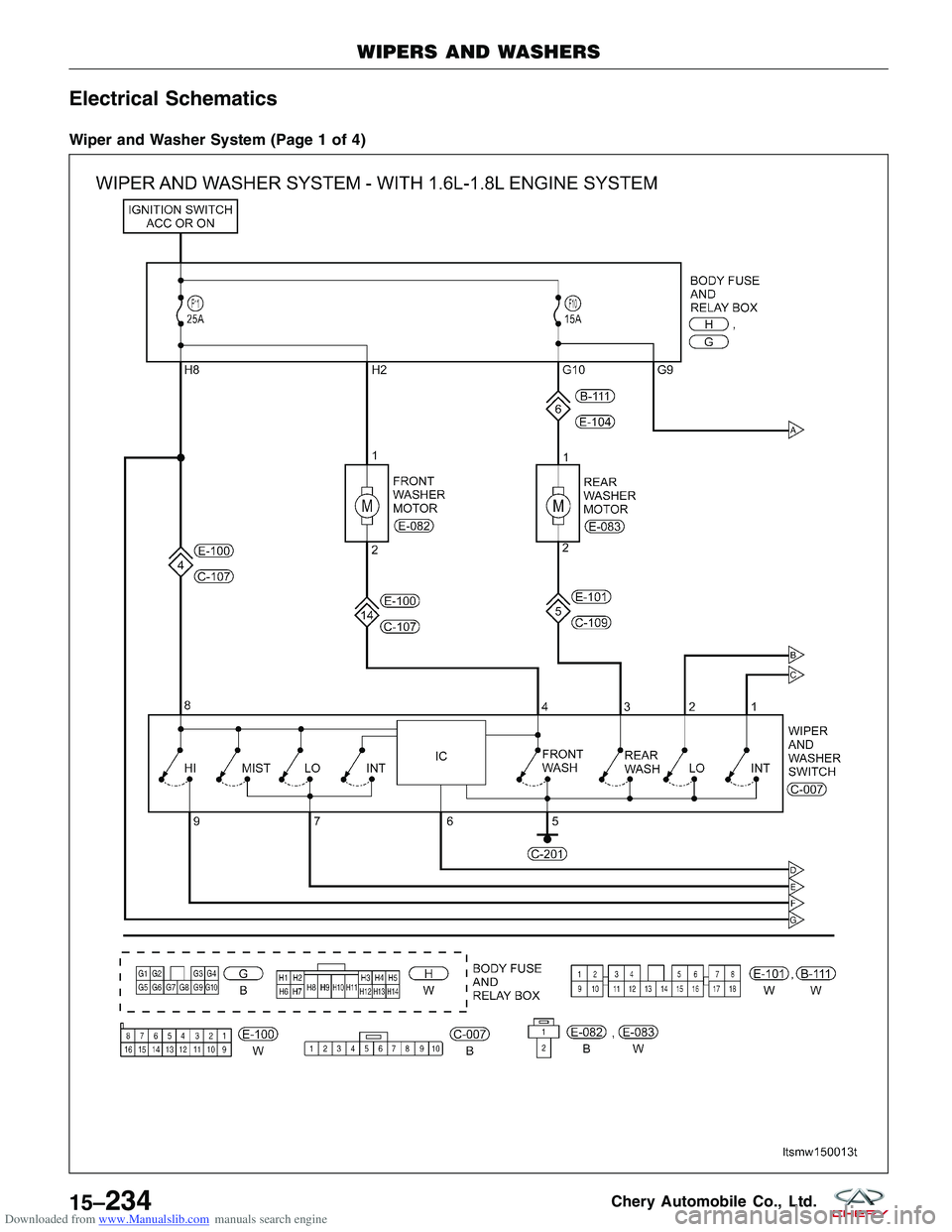 CHERY TIGGO 2009  Service Repair Manual Downloaded from www.Manualslib.com manuals search engine Electrical Schematics
Wiper and Washer System (Page 1 of 4)
WIPERS AND WASHERS
LTSMW150013T
15–234Chery Automobile Co., Ltd.  