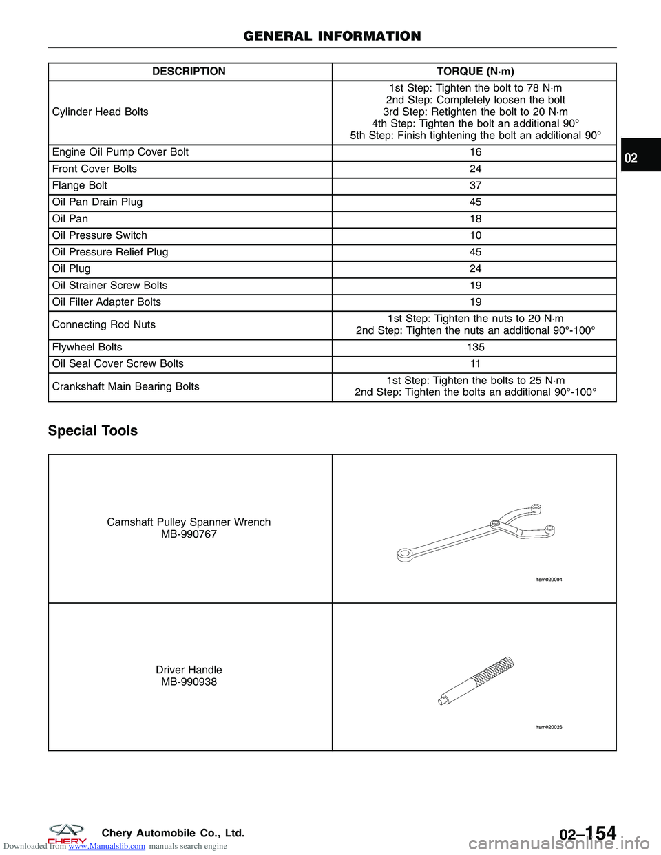 CHERY TIGGO 2009 Service Repair Manual Downloaded from www.Manualslib.com manuals search engine DESCRIPTIONTORQUE (N·m)
Cylinder Head Bolts 1st Step: Tighten the bolt to 78 N·m
2nd Step: Completely loosen the bolt
3rd Step: Retighten the CHERY TIGGO 2009 Service Repair Manual Downloaded from www.Manualslib.com manuals search engine DESCRIPTIONTORQUE (N·m)
Cylinder Head Bolts 1st Step: Tighten the bolt to 78 N·m
2nd Step: Completely loosen the bolt
3rd Step: Retighten the