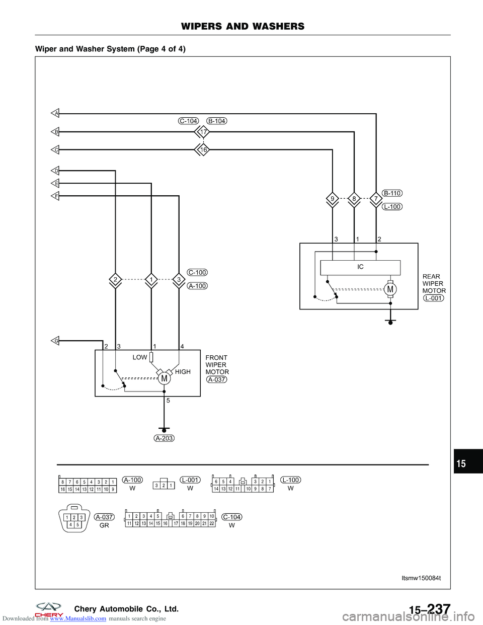 CHERY TIGGO 2009 Service Repair Manual Downloaded from www.Manualslib.com manuals search engine Wiper and Washer System (Page 4 of 4)
WIPERS AND WASHERS
LTSMW150084T
15
15–237Chery Automobile Co., Ltd. CHERY TIGGO 2009 Service Repair Manual Downloaded from www.Manualslib.com manuals search engine Wiper and Washer System (Page 4 of 4)
WIPERS AND WASHERS
LTSMW150084T
15
15–237Chery Automobile Co., Ltd.
