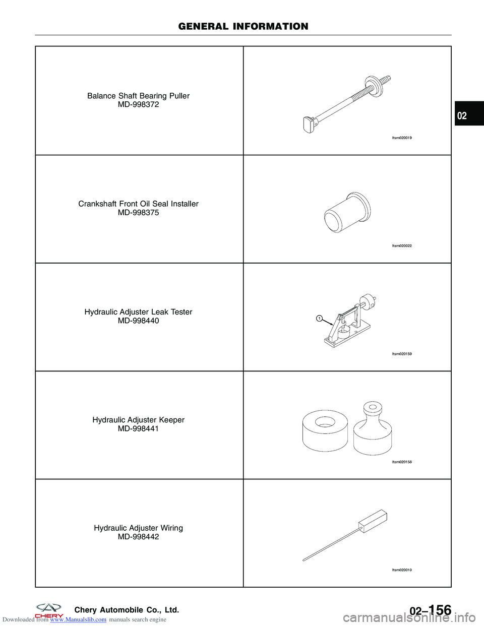 CHERY TIGGO 2009  Service Repair Manual Downloaded from www.Manualslib.com manuals search engine Balance Shaft Bearing PullerMD-998372
Crankshaft Front Oil Seal Installer MD-998375
Hydraulic Adjuster Leak TesterMD-998440
Hydraulic Adjuster 