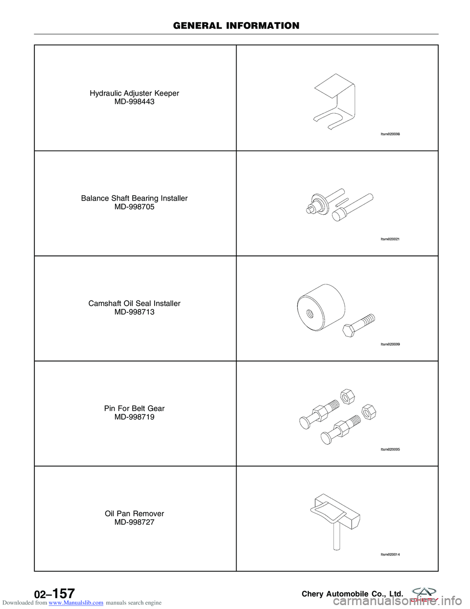 CHERY TIGGO 2009  Service Repair Manual Downloaded from www.Manualslib.com manuals search engine Hydraulic Adjuster KeeperMD-998443
Balance Shaft Bearing Installer MD-998705
Camshaft Oil Seal InstallerMD-998713
Pin For Belt GearMD-998719
Oi