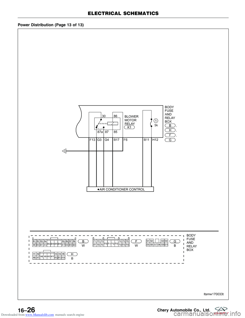 CHERY TIGGO 2009  Service Repair Manual Downloaded from www.Manualslib.com manuals search engine Power Distribution (Page 13 of 13)
ELECTRICAL SCHEMATICS
LTSMW170033T
16–26Chery Automobile Co., Ltd.  
