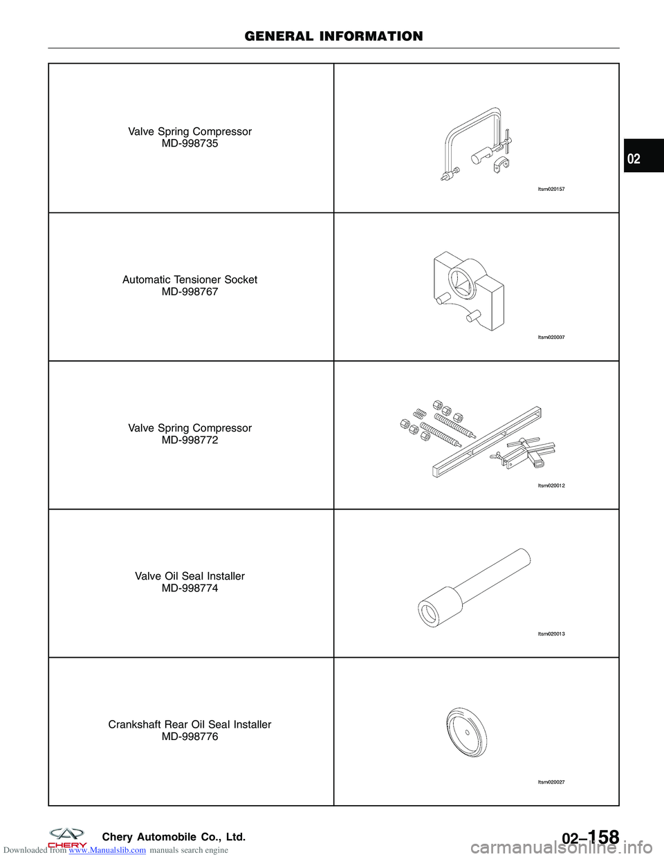 CHERY TIGGO 2009  Service Repair Manual Downloaded from www.Manualslib.com manuals search engine Valve Spring CompressorMD-998735
Automatic Tensioner Socket MD-998767
Valve Spring CompressorMD-998772
Valve Oil Seal InstallerMD-998774
Cranks