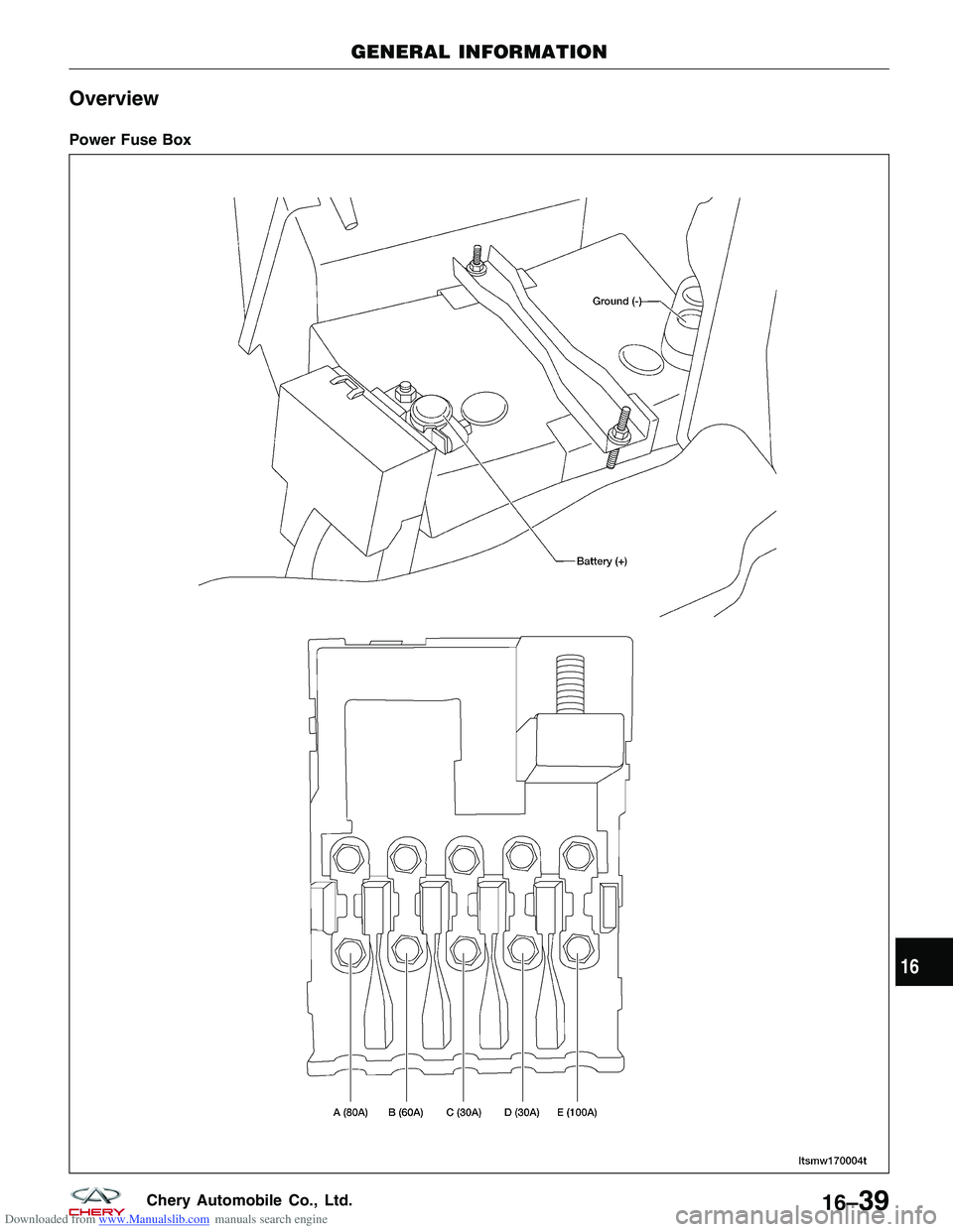 CHERY TIGGO 2009  Service Repair Manual Downloaded from www.Manualslib.com manuals search engine Overview
Power Fuse Box
GENERAL INFORMATION
LTSMW170004T
16
16–39Chery Automobile Co., Ltd.  