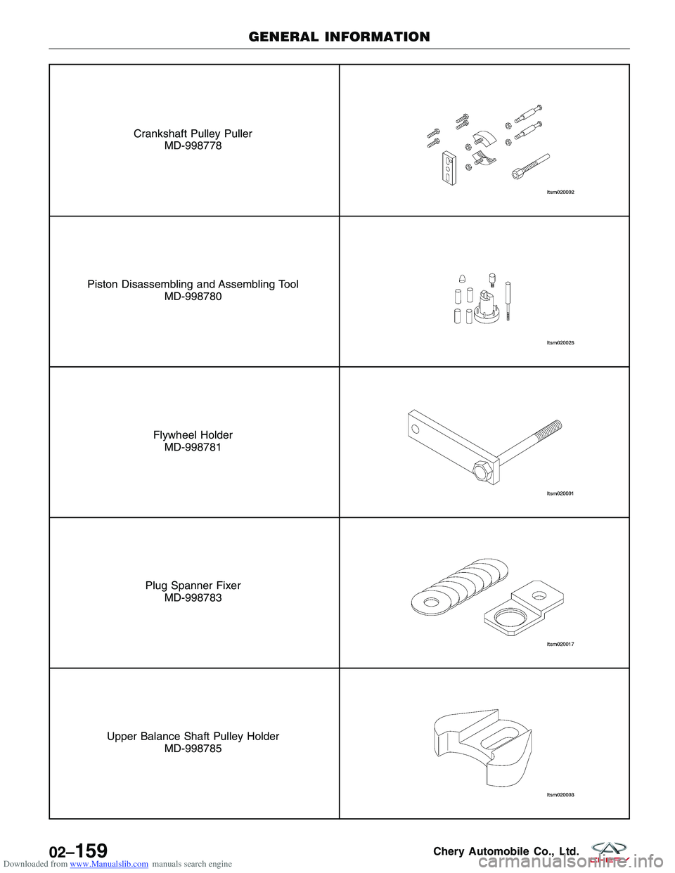 CHERY TIGGO 2009  Service Repair Manual Downloaded from www.Manualslib.com manuals search engine Crankshaft Pulley PullerMD-998778
Piston Disassembling and Assembling Tool MD-998780
Flywheel HolderMD-998781
Plug Spanner Fixer MD-998783
Uppe
