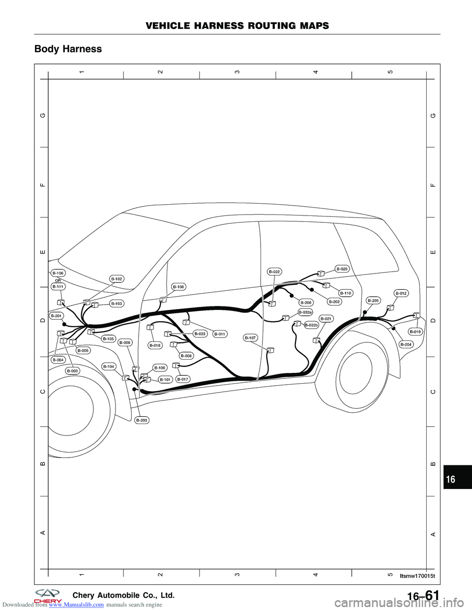 CHERY TIGGO 2009  Service Repair Manual Downloaded from www.Manualslib.com manuals search engine Body Harness
VEHICLE HARNESS ROUTING MAPS
LTSMW170015T
16
16–61Chery Automobile Co., Ltd.  