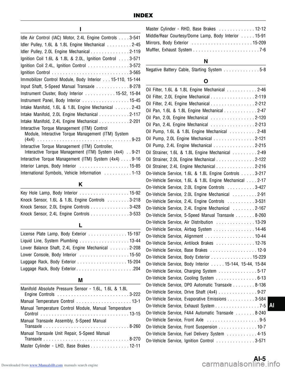 CHERY TIGGO 2009  Service Manual PDF Downloaded from www.Manualslib.com manuals search engine I
Idle Air Control (IAC) Motor, 2.4L Engine Controls....3-541
Idler Pulley, 1.6L & 1.8L Engine Mechanical .........2-45
Idler Pulley, 2.0L Engi