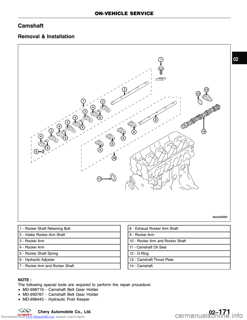 CHERY TIGGO 2009 Service Repair Manual Downloaded from www.Manualslib.com manuals search engine Camshaft
Removal & Installation
NOTE :
The following special tools are required to perform the repair procedure:
•MD-998719 - Camshaft Belt G CHERY TIGGO 2009 Service Repair Manual Downloaded from www.Manualslib.com manuals search engine Camshaft
Removal & Installation
NOTE :
The following special tools are required to perform the repair procedure:
•MD-998719 - Camshaft Belt G