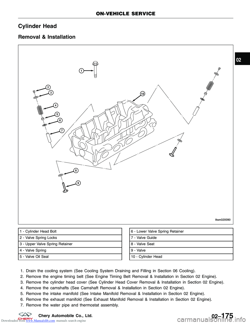 CHERY TIGGO 2009 Service Repair Manual Downloaded from www.Manualslib.com manuals search engine Cylinder Head
Removal & Installation
1. Drain the cooling system (See Cooling System Draining and Filling in Section 06 Cooling).
2. Remove the CHERY TIGGO 2009 Service Repair Manual Downloaded from www.Manualslib.com manuals search engine Cylinder Head
Removal & Installation
1. Drain the cooling system (See Cooling System Draining and Filling in Section 06 Cooling).
2. Remove the