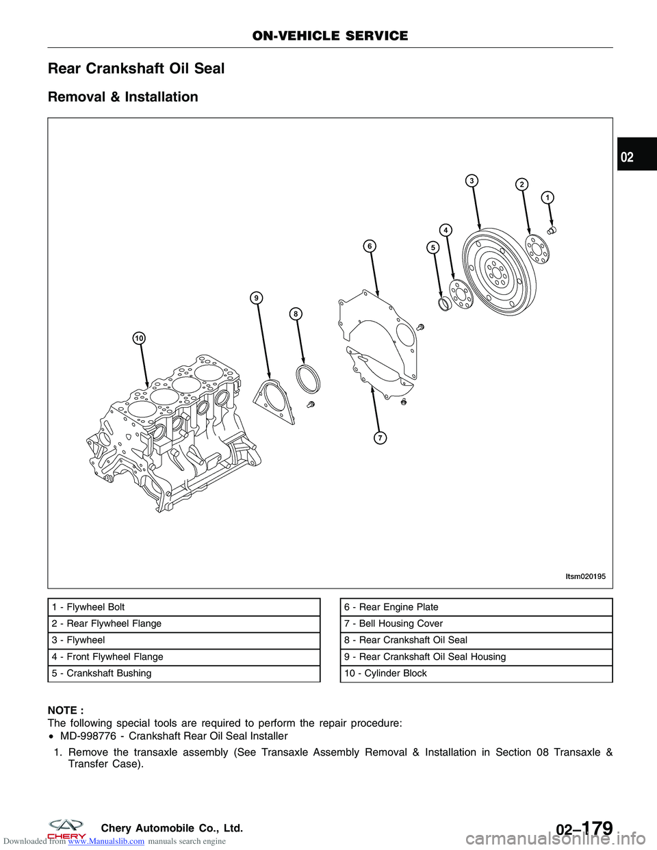 CHERY TIGGO 2009 Service Repair Manual Downloaded from www.Manualslib.com manuals search engine Rear Crankshaft Oil Seal
Removal & Installation
NOTE :
The following special tools are required to perform the repair procedure:
•MD-998776 - CHERY TIGGO 2009 Service Repair Manual Downloaded from www.Manualslib.com manuals search engine Rear Crankshaft Oil Seal
Removal & Installation
NOTE :
The following special tools are required to perform the repair procedure:
•MD-998776 -