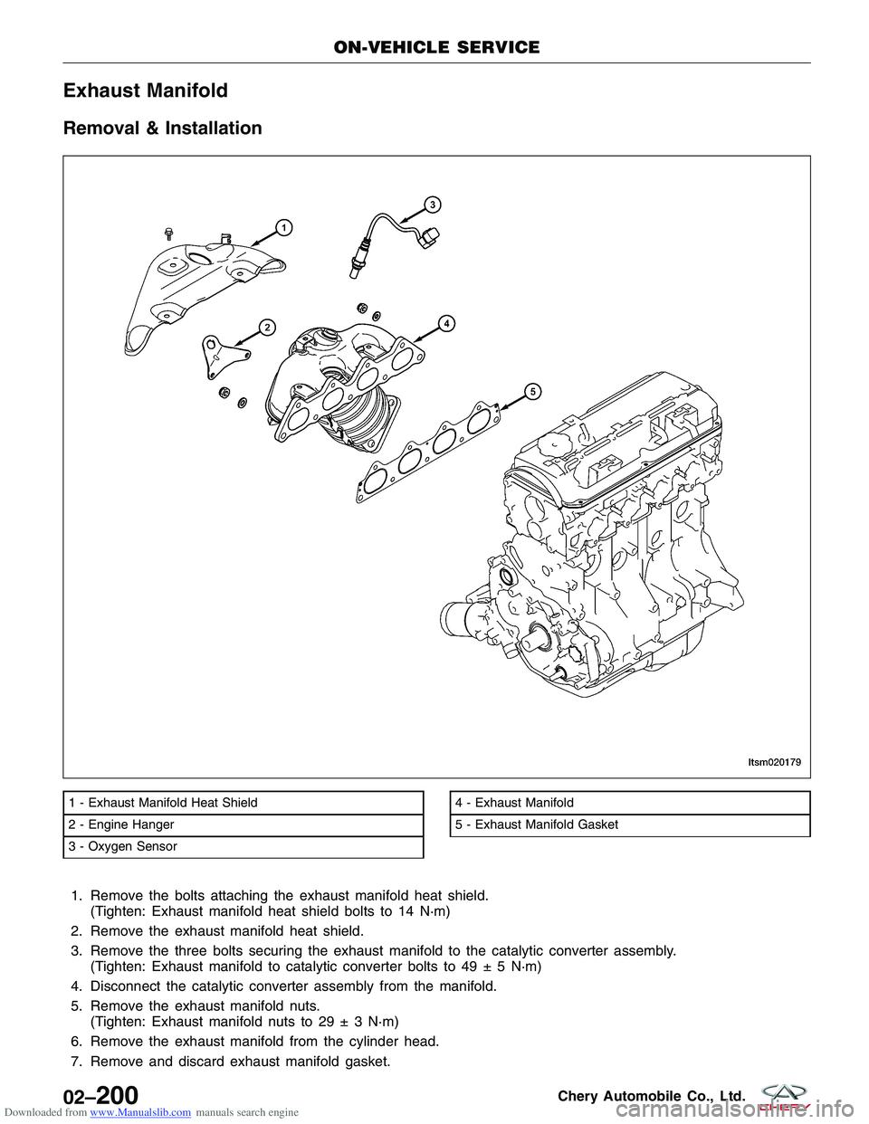 CHERY TIGGO 2009  Service Repair Manual Downloaded from www.Manualslib.com manuals search engine Exhaust Manifold
Removal & Installation
1. Remove the bolts attaching the exhaust manifold heat shield.(Tighten: Exhaust manifold heat shield b